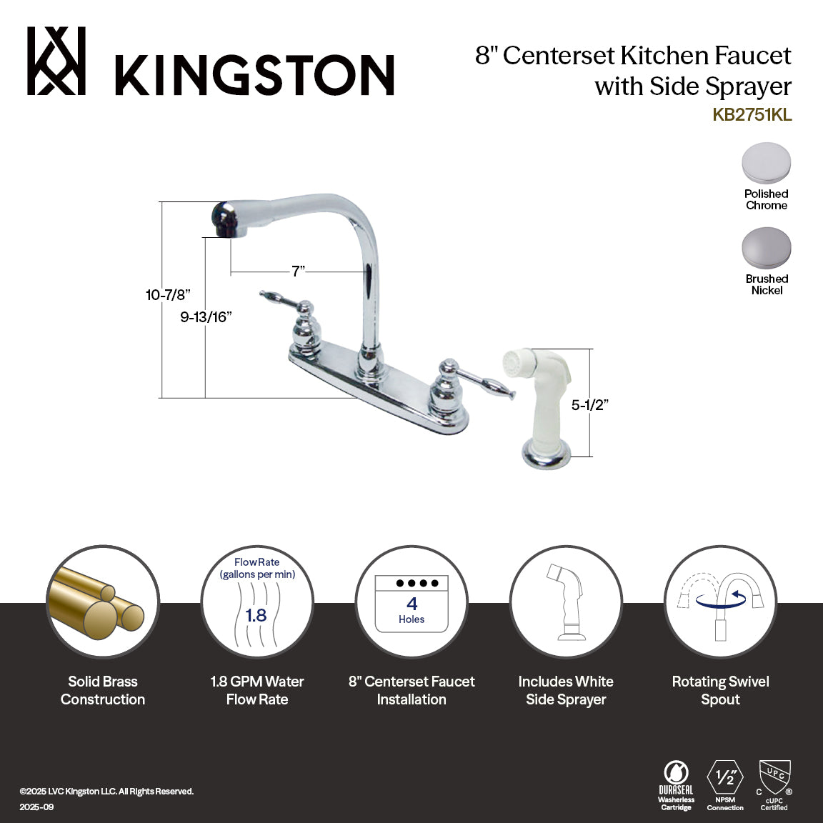 Kingston Tulare KB2758KL - Knight Two-Handle 4-Hole 8" Centerset Kitchen Faucet with Side Sprayer, Brushed Nickel — thumbnail 2
